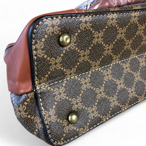 Cotton Road Handbag: Printed BROWN PU Leather Handbag with TAN Trim