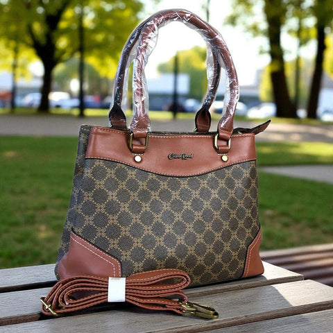 Cotton Road Handbag: Printed BROWN PU Leather Handbag with TAN Trim