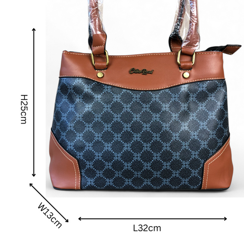 Cotton Road Handbag: Printed CHARCOAL BLACK PU Leather Handbag with TAN Trim