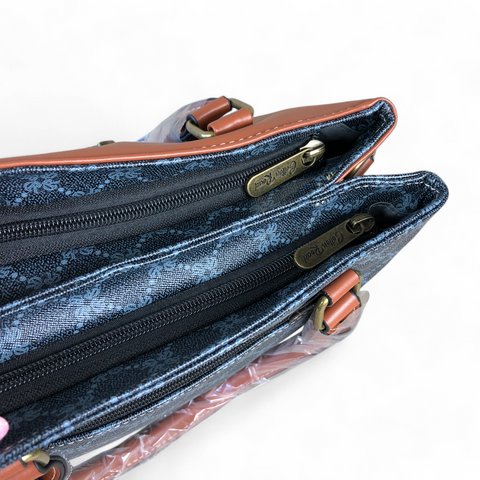 Cotton Road Handbag: Printed CHARCOAL BLACK PU Leather Handbag with TAN Trim