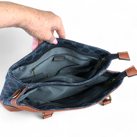 Cotton Road Handbag: Printed CHARCOAL BLACK PU Leather Handbag with TAN Trim