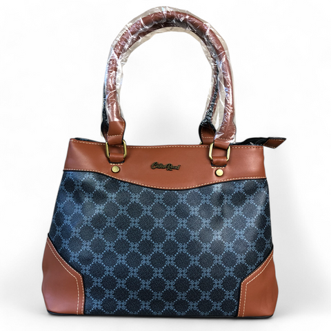 Cotton Road Handbag: Printed CHARCOAL BLACK PU Leather Handbag with TAN Trim