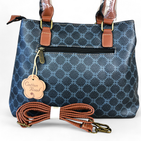 Cotton Road Handbag: Printed CHARCOAL BLACK PU Leather Handbag with TAN Trim