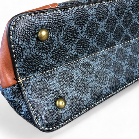 Cotton Road Handbag: Printed CHARCOAL BLACK PU Leather Handbag with TAN Trim