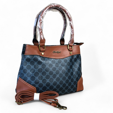 Cotton Road Handbag: Printed CHARCOAL BLACK PU Leather Handbag with TAN Trim