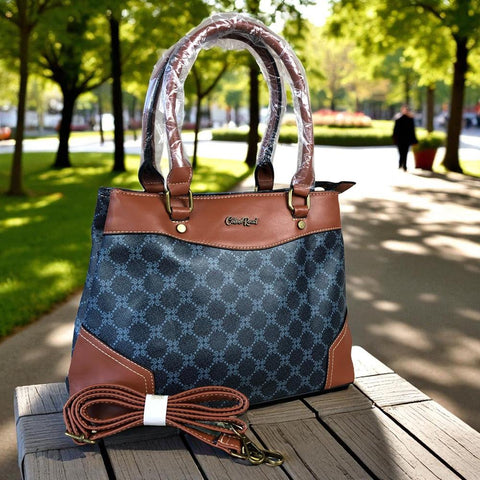 Cotton Road Handbag: Printed CHARCOAL BLACK PU Leather Handbag with TAN Trim