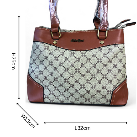 Cotton Road Handbag: Printed KHAKI PU Leather Handbag with TAN Trim