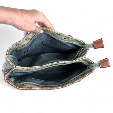 Cotton Road Handbag: Printed KHAKI PU Leather Handbag with TAN Trim