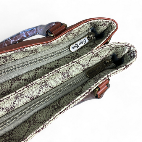 Cotton Road Handbag: Printed KHAKI PU Leather Handbag with TAN Trim