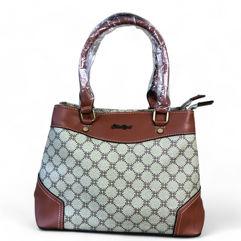 Cotton Road Handbag: Printed KHAKI PU Leather Handbag with TAN Trim