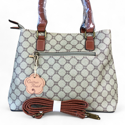 Cotton Road Handbag: Printed KHAKI PU Leather Handbag with TAN Trim