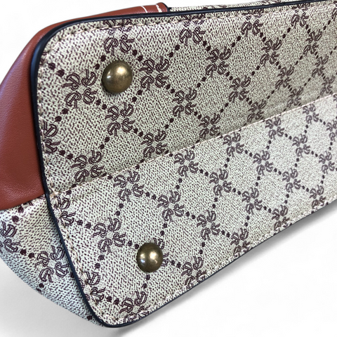 Cotton Road Handbag: Printed KHAKI PU Leather Handbag with TAN Trim