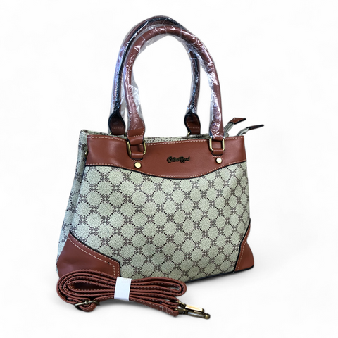 Cotton Road Handbag: Printed KHAKI PU Leather Handbag with TAN Trim