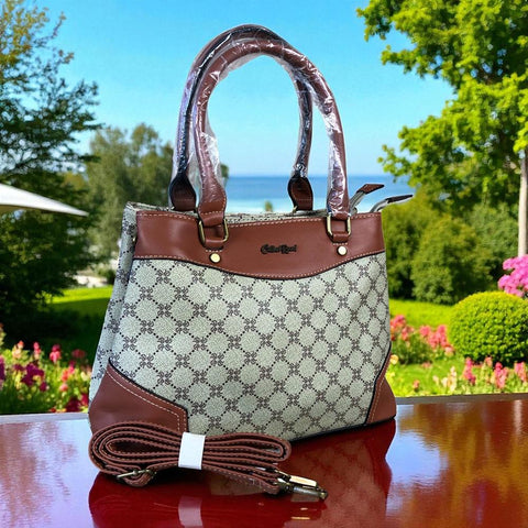 Cotton Road Handbag: Printed KHAKI PU Leather Handbag with TAN Trim