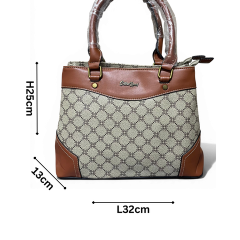 Cotton Road Handbag: Printed KHAKI PU Leather with TAN Trim