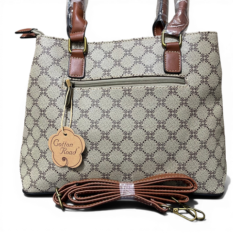 Cotton Road Handbag: Printed KHAKI PU Leather with TAN Trim