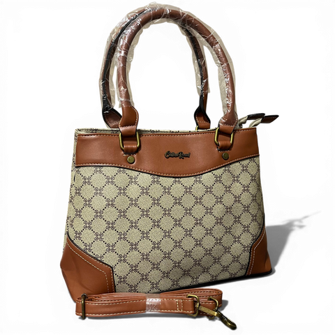 Cotton Road Handbag: Printed KHAKI PU Leather with TAN Trim