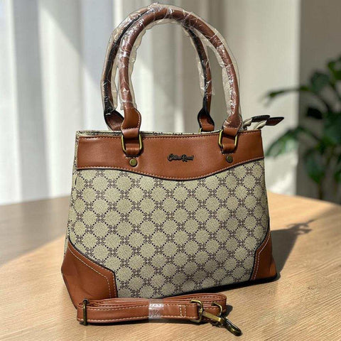 Cotton Road Handbag: Printed KHAKI PU Leather with TAN Trim