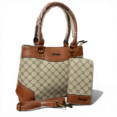 Cotton Road Handbag: Printed Khaki PU Leather with Matching Wallet Set