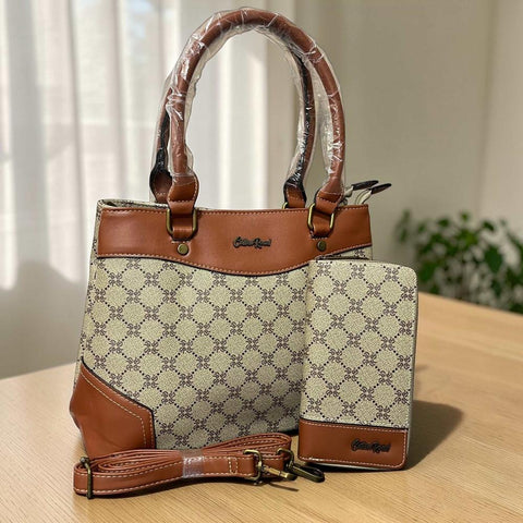 Cotton Road Handbag: Printed Khaki PU Leather with Matching Wallet Set