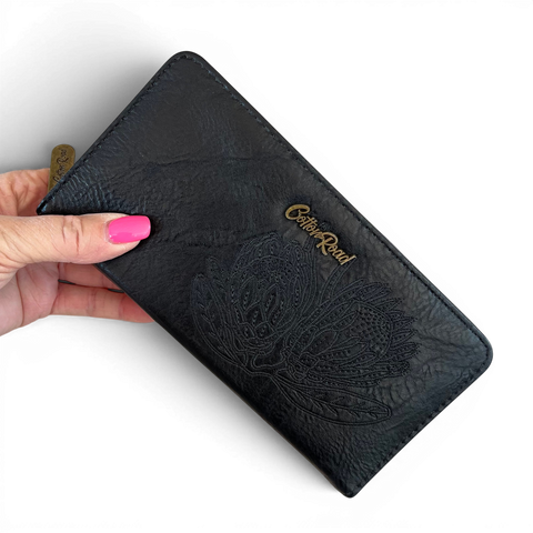 Cotton Road Handbag: Stylish BLACK EMBROIDERED PROTEA Design PU Leather with Matching Wallet
