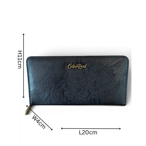 Cotton Road Handbag: Stylish BLACK EMBROIDERED PROTEA Design PU Leather with Matching Wallet