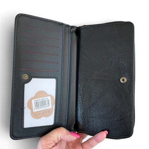 Cotton Road Handbag: Stylish BLACK EMBROIDERED PROTEA Design PU Leather with Matching Wallet