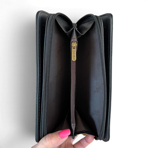 Cotton Road Handbag: Stylish BLACK EMBROIDERED PROTEA Design PU Leather with Matching Wallet