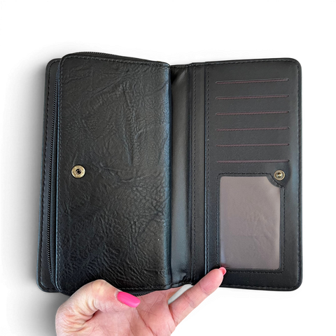Cotton Road Handbag: Stylish BLACK EMBROIDERED PROTEA Design PU Leather with Matching Wallet