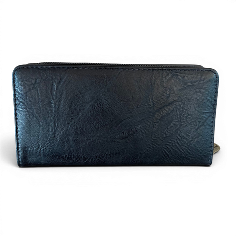 Cotton Road Handbag: Stylish BLACK EMBROIDERED PROTEA Design PU Leather with Matching Wallet