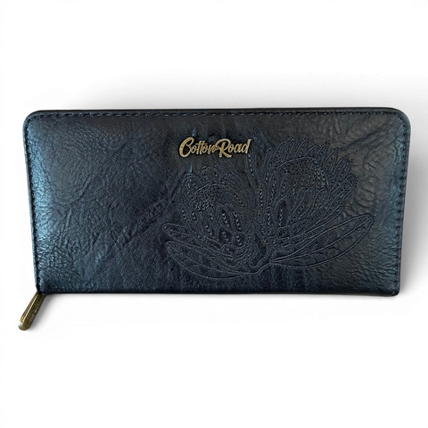 Cotton Road Handbag: Stylish BLACK EMBROIDERED PROTEA Design PU Leather with Matching Wallet