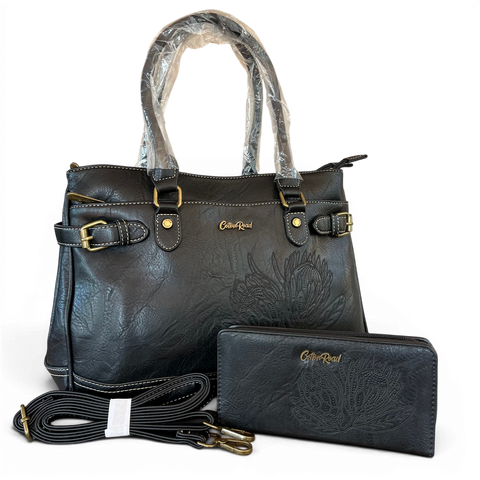 Cotton Road Handbag: Stylish BLACK EMBROIDERED PROTEA Design PU Leather with Matching Wallet