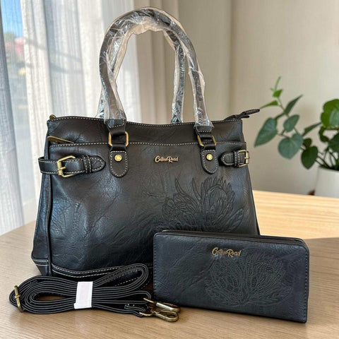 Cotton Road Handbag: Stylish BLACK EMBROIDERED PROTEA Design PU Leather with Matching Wallet