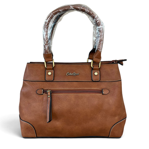 Cotton Road Handbag in brown PU leather with twin handles, contrast stitching and a front zip pocket