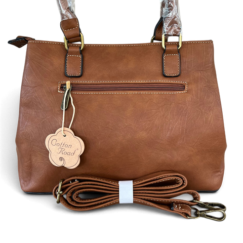 Cotton Road Handbag in brown PU leather with twin handles, front zip pocket and detachable shoulder strap