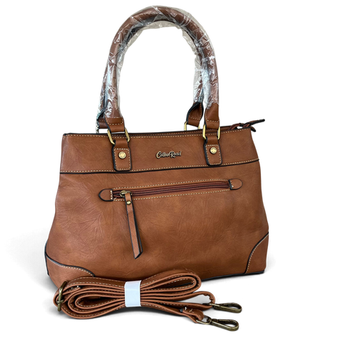 Cotton Road Handbag in brown PU leather with twin handles, front zip pocket and detachable shoulder strap