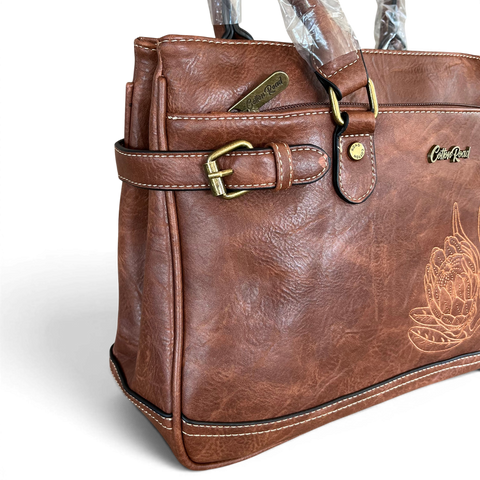 Cotton Road Handbag: Stylish BROWN PU Leather Bag with EMBROIDERED PROTEA Design