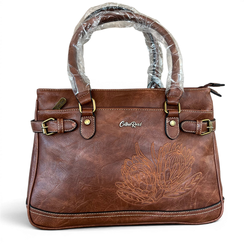 Cotton Road Handbag: Stylish BROWN PU Leather Bag with EMBROIDERED PROTEA Design