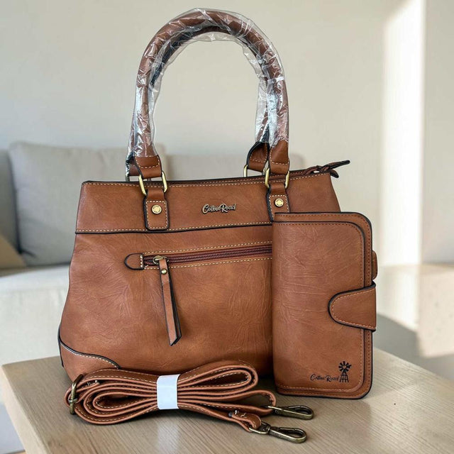 Cotton Road Handbag: Stylish BROWN PU Leather with Matching Wallet