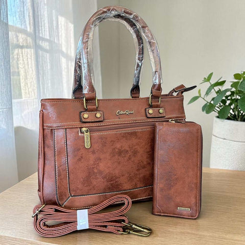 Cotton Road Handbag: Stylish Brown PU Leather for Women with Matching Wallet