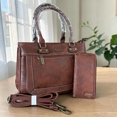 Cotton Road Handbag: Stylish Brown PU Leather for Women with Matching Wallet
