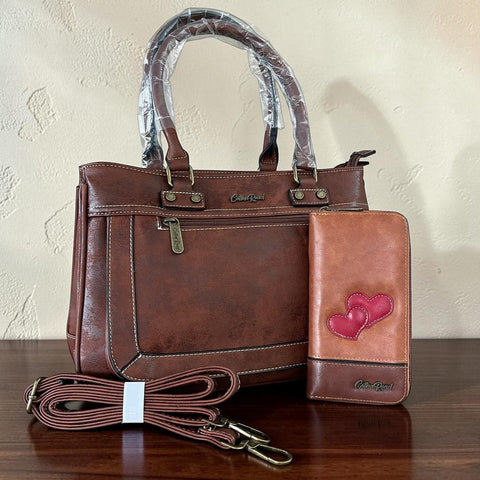 Cotton Road Handbag: Stylish Brown PU Leather with Matching Wallet for Women