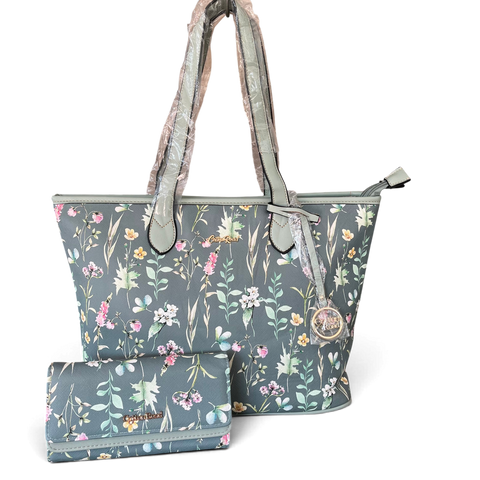 Cotton Road Handbag - Stylish Green Floral PU Leather with Matching Wallet