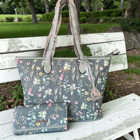 Cotton Road Handbag - Stylish Green Floral PU Leather with Matching Wallet