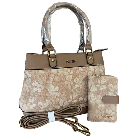Cotton Road Handbag: Stylish KHAKI FLORAL PU Leather with Matching Wallet