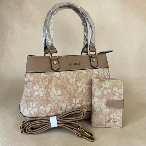 Cotton Road Handbag: Stylish KHAKI FLORAL PU Leather with Matching Wallet