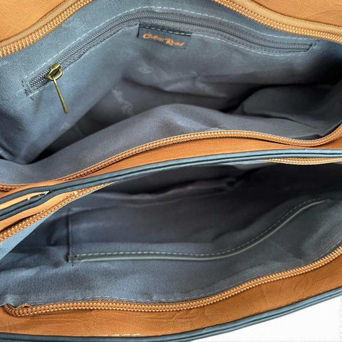 Cotton Road Handbag in tan PU leather with multiple zip compartments, interior pockets and branded lining