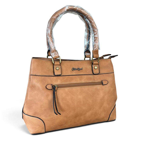 Cotton Road Handbag in tan PU leather with stitched trim, twin handles and a front zip pocket