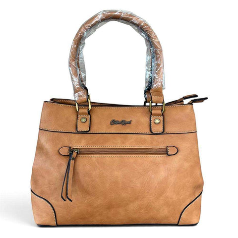 Cotton Road Handbag in tan PU leather with twin handles, black trim, front zip pocket and logo detail