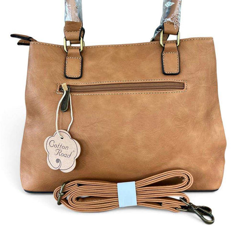 Cotton Road Handbag in tan textured PU leather with twin handles, front zip pocket and detachable shoulder strap